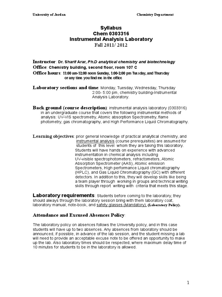 Syllabus Chem 0303316 Instrumental Analysis Laboratory Fall 2011/ 2012