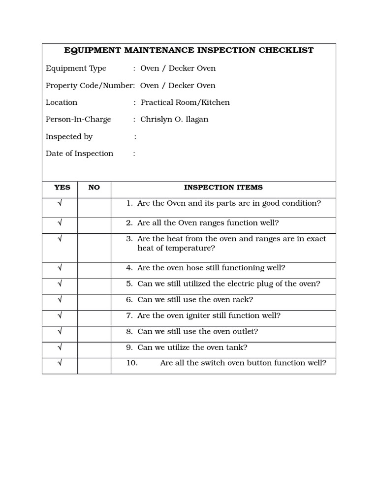 Ok EQUIPMENT MAINTENANCE INSPECTION CHECKLIST PDF