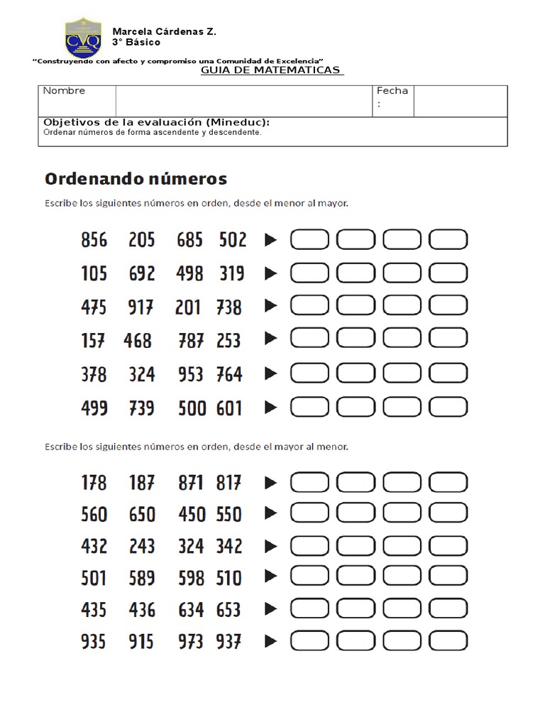 Guia De Matematicas Orden De Numeros Repaso