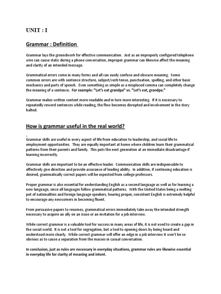 9 Unit I Grammar And Its Importance English Language Job Interview