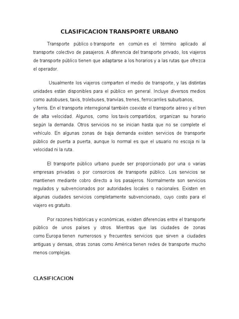 Clasificación del Transporte Urbano | PDF | Transporte público | Taxi
