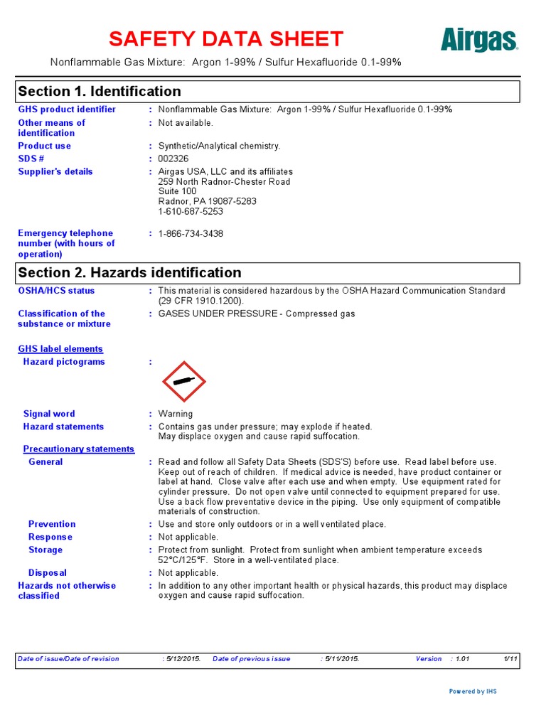 Msds Sulfur Hexafluoride Airgas PDF Dangerous Goods Toxicity
