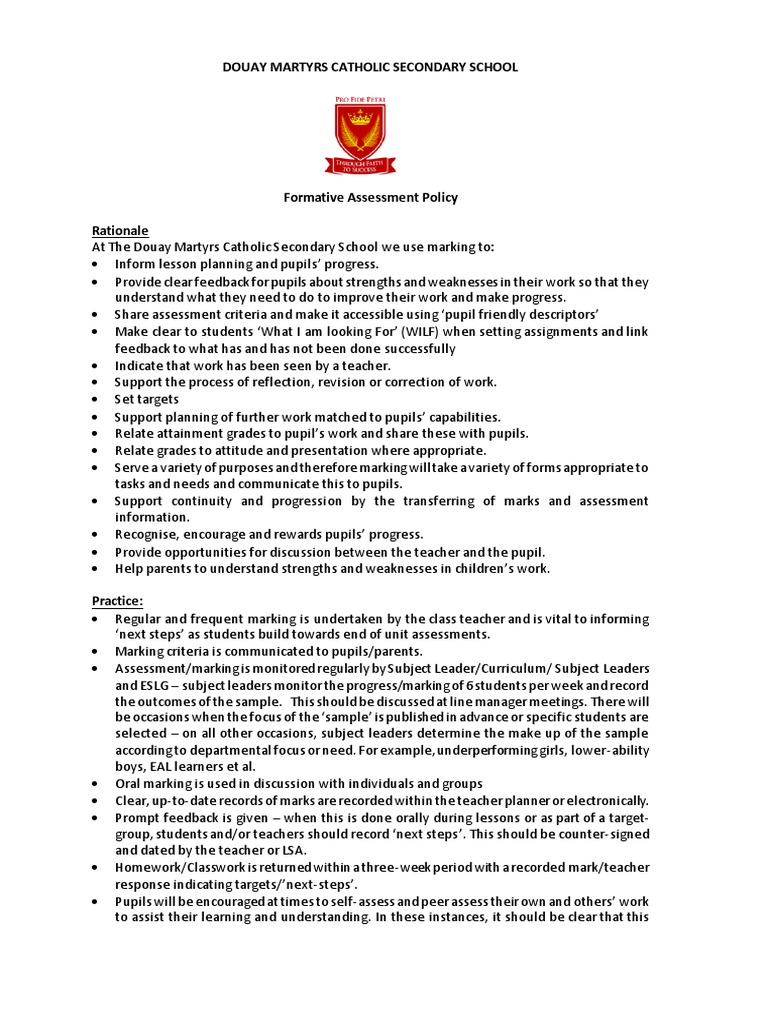 Douay Martyrs Assessment Policy | PDF | Educational Assessment | Teachers