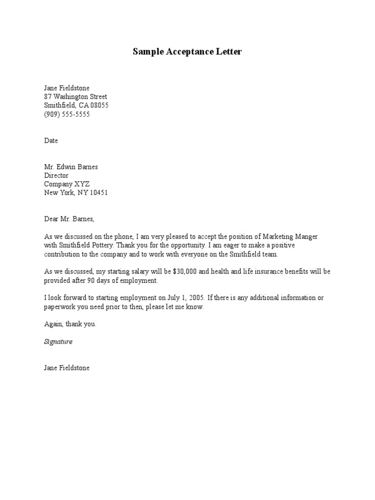 Sample Acceptance Letter | PDF
