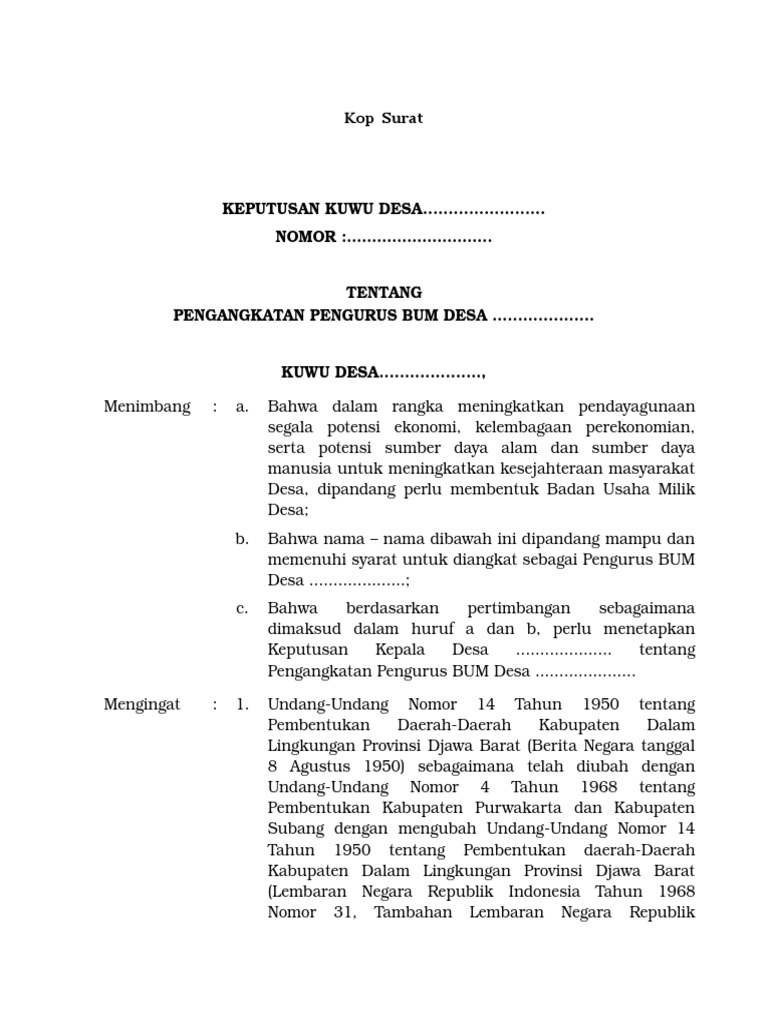 Contoh SK Pengurus BUM Desa