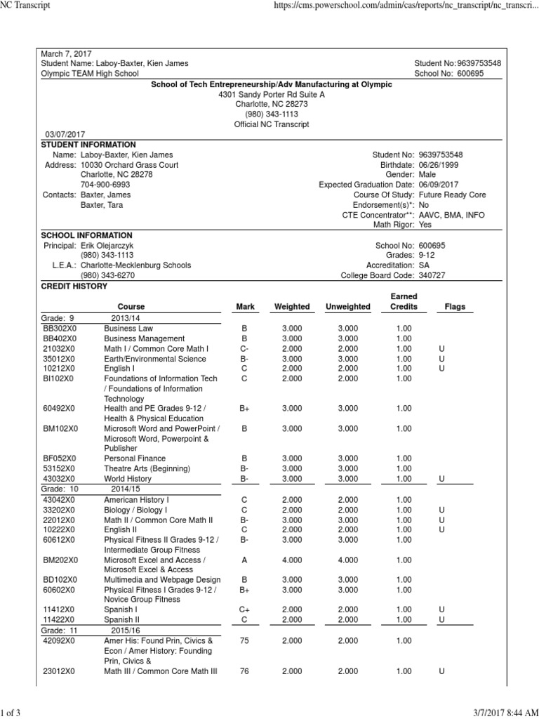 Kien NC Transcript Grading (Education) University Of North Carolina