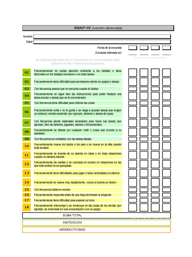 Tdah Cuestionario Snap IV Abreviado | PDF | Desorden hiperactivo y ...
