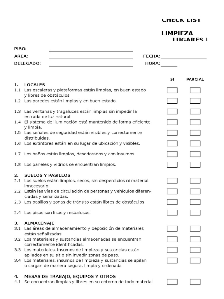 Check List Orden y Limpieza Lugares de Trabajo