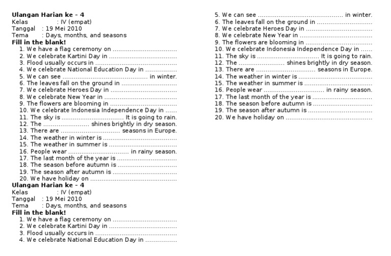 Soal bahasa inggris tentang days and months