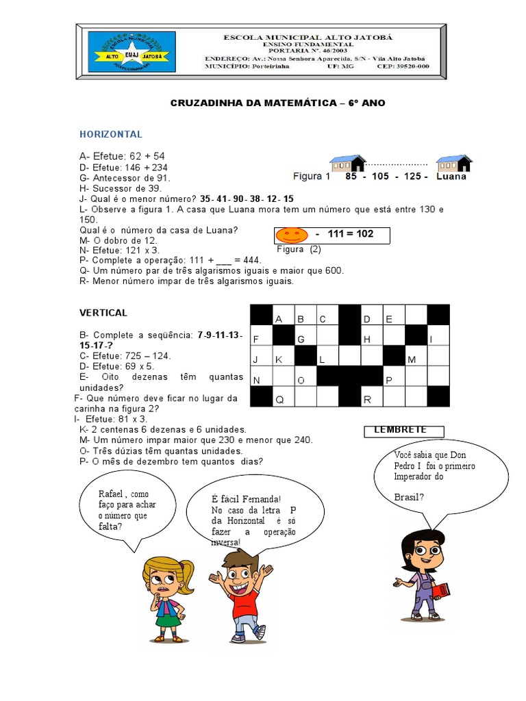Cruzadinha de Matemática - 6º Ano | PDF