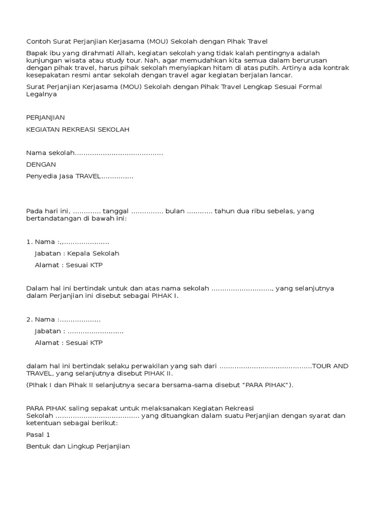Contoh MOU Kerjasama Dengan Travel PDF