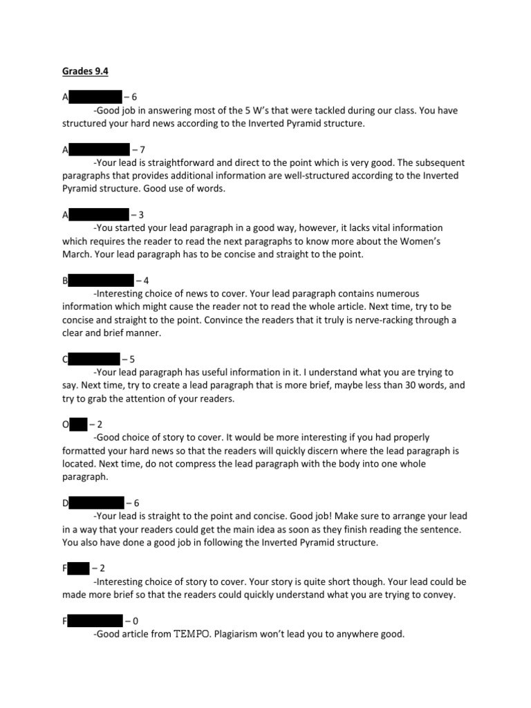 hard news grades Writing Journalism