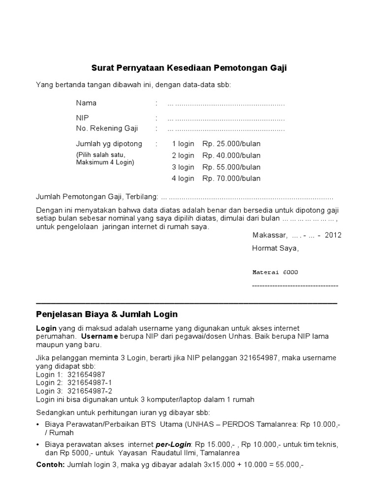 Surat Pernyataan Kesediaan Pemotongan Gaji