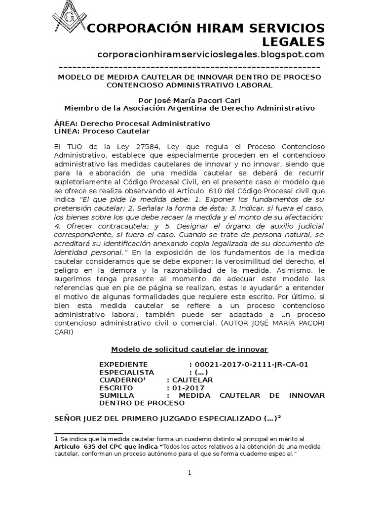 Modelo de Medida Cautelar de Innovar Dentro de Proceso Contencioso  Administrativo Laboral - Autor José María Pacori Cari | PDF | Mandato | Ley  procesal