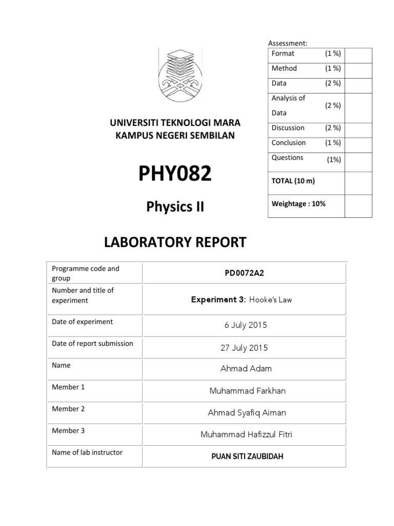 Hooke's Law Experiment Report | PDF | Force | Mass