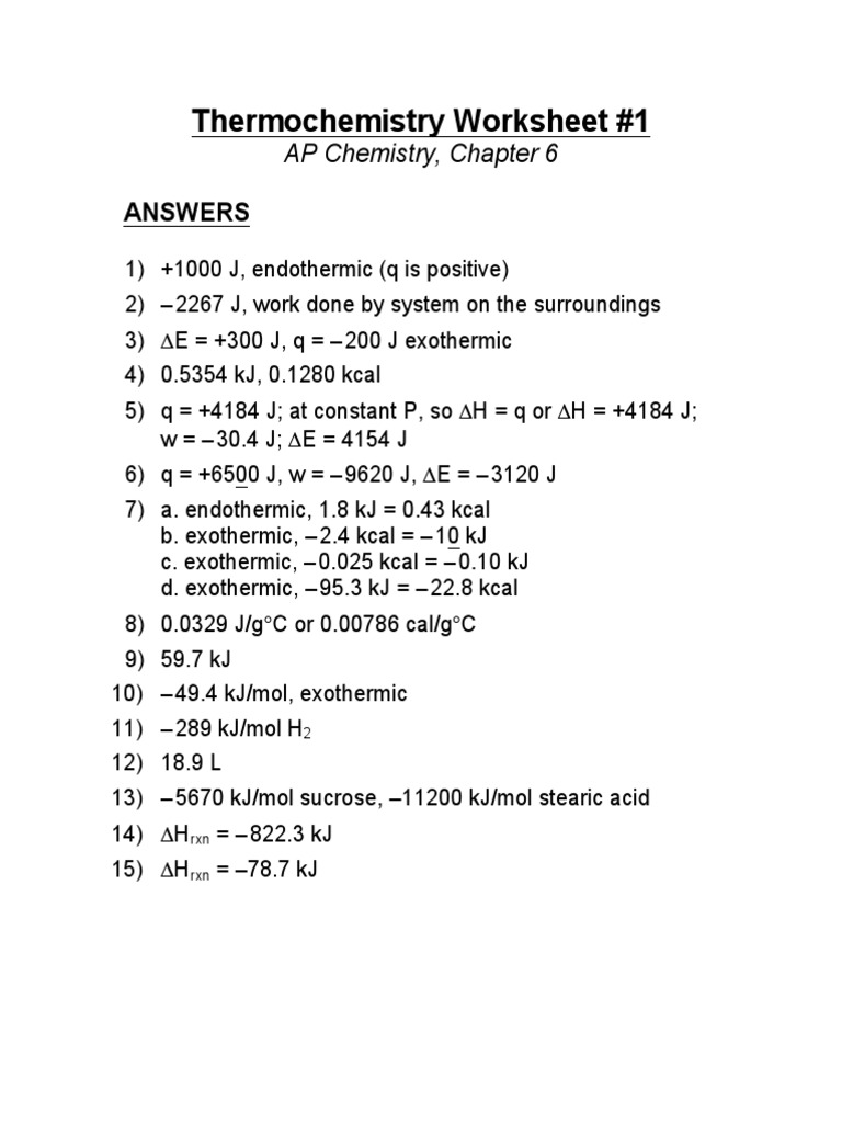 Thermochemistry Worksheet 1 Answers PDF