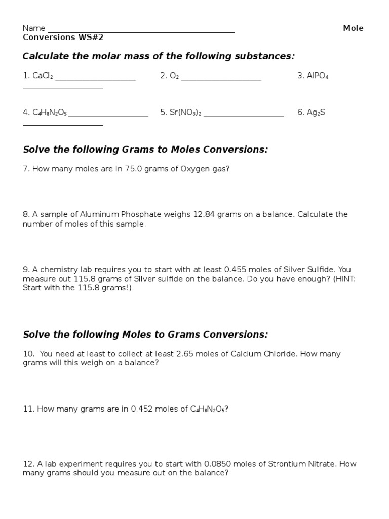 Mole Conversions Worksheet PDF