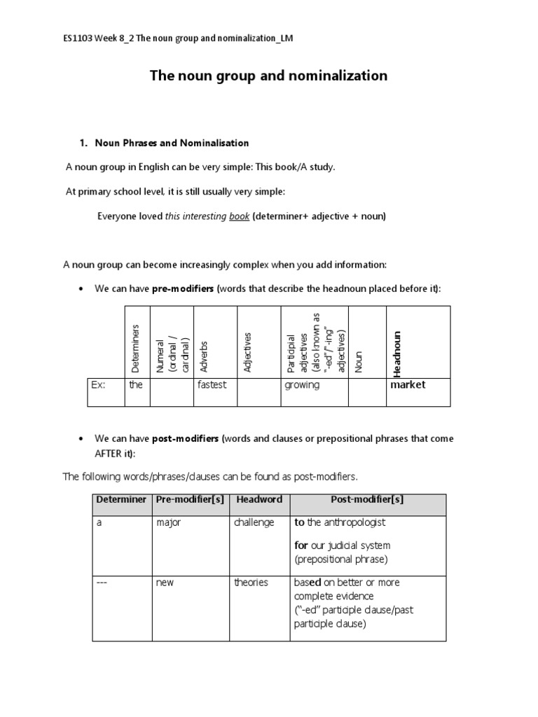 Es1103 Week 8 2 Noun Groups and Nominalisation Rev2017 | PDF | Language ...
