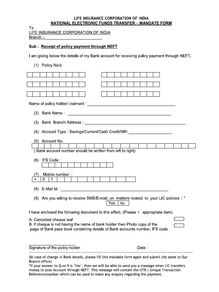 NEFT Mandate Form For Your LIC Policies PDF