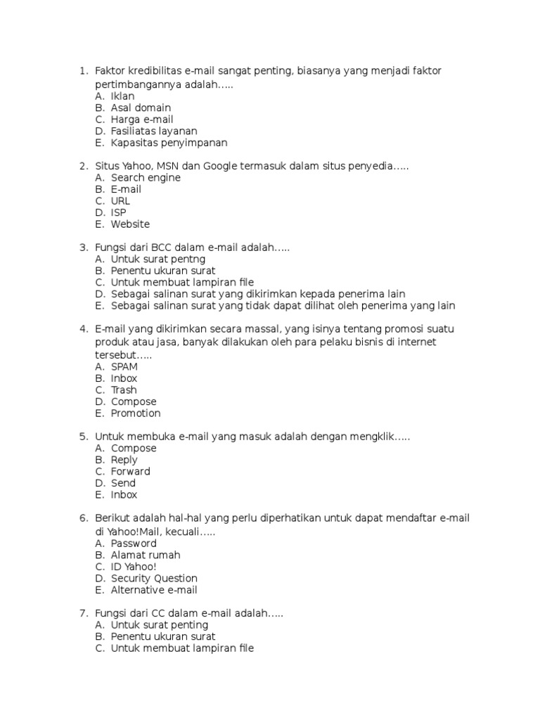 Soal Pilihan Ganda TIK Kelas 11 tentang EMail