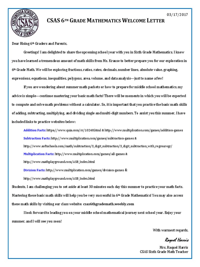 2017 - 2018 Csas 6th Grade Math Welcome Letter by Raquel Harris | PDF ...