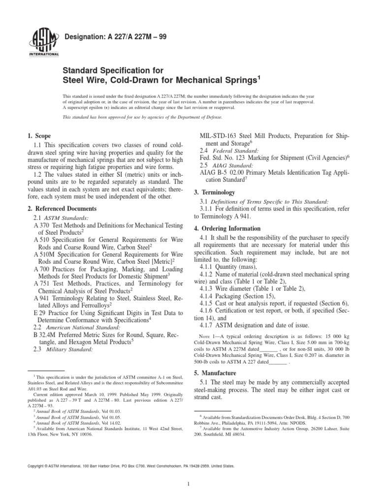 Astm A227 | PDF | Specification (Technical Standard) | Wire
