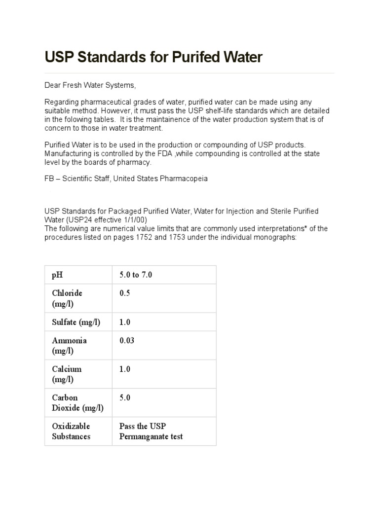 Water Usp PDF Purified Water Water Purification