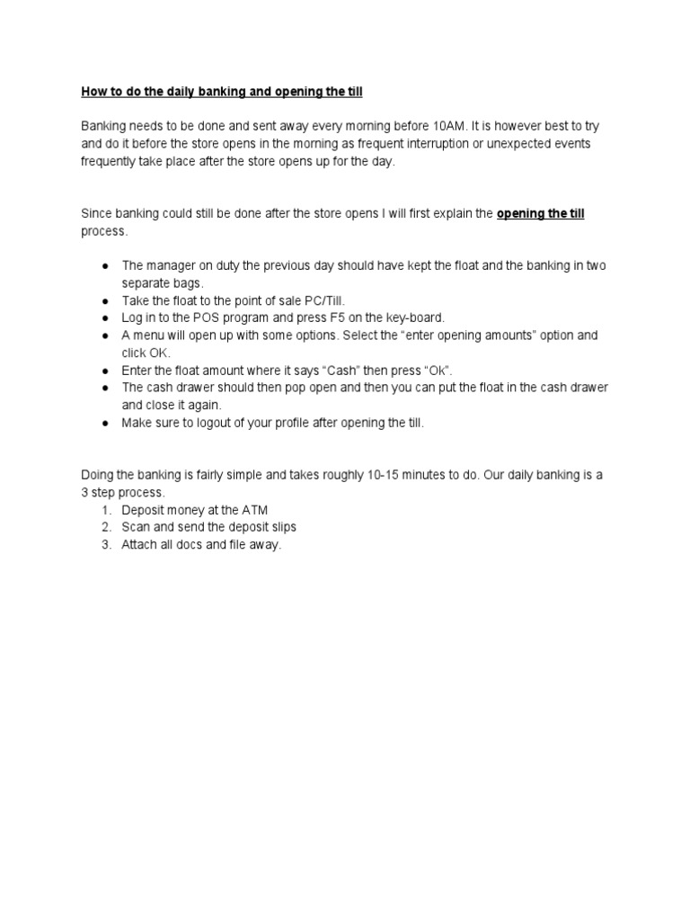 Daily Banking and Till Opening Guide | PDF