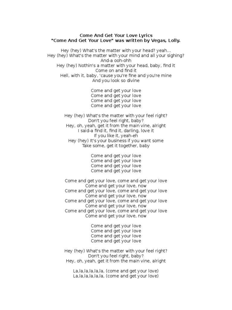 Come And Get Your Love Lyrics Pdf