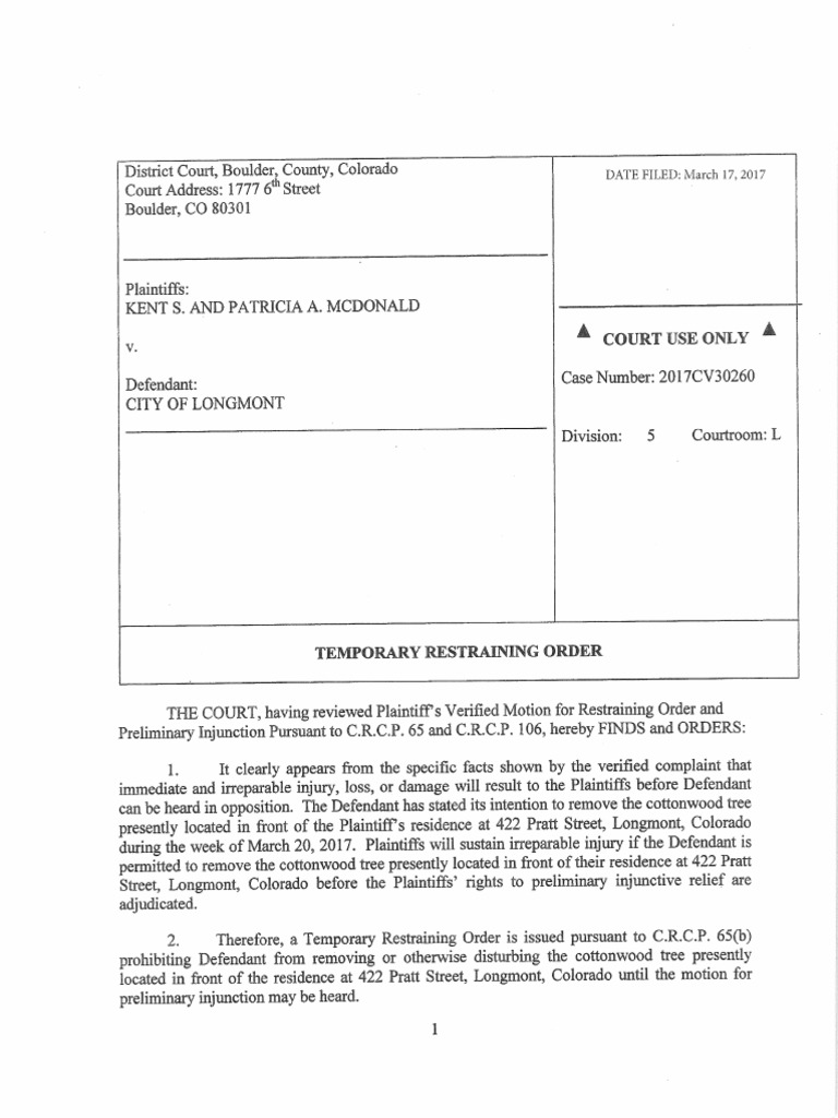 Cottonwood Temp. Restraining Order | PDF