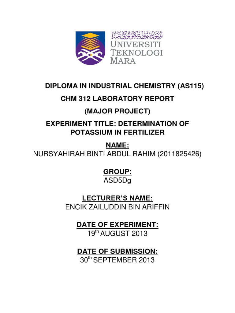 Chemistry Lab Report Cover Page