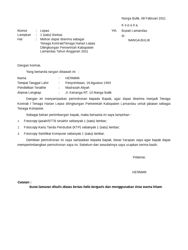 Contoh Surat Lamaran Tenaga Kontrak