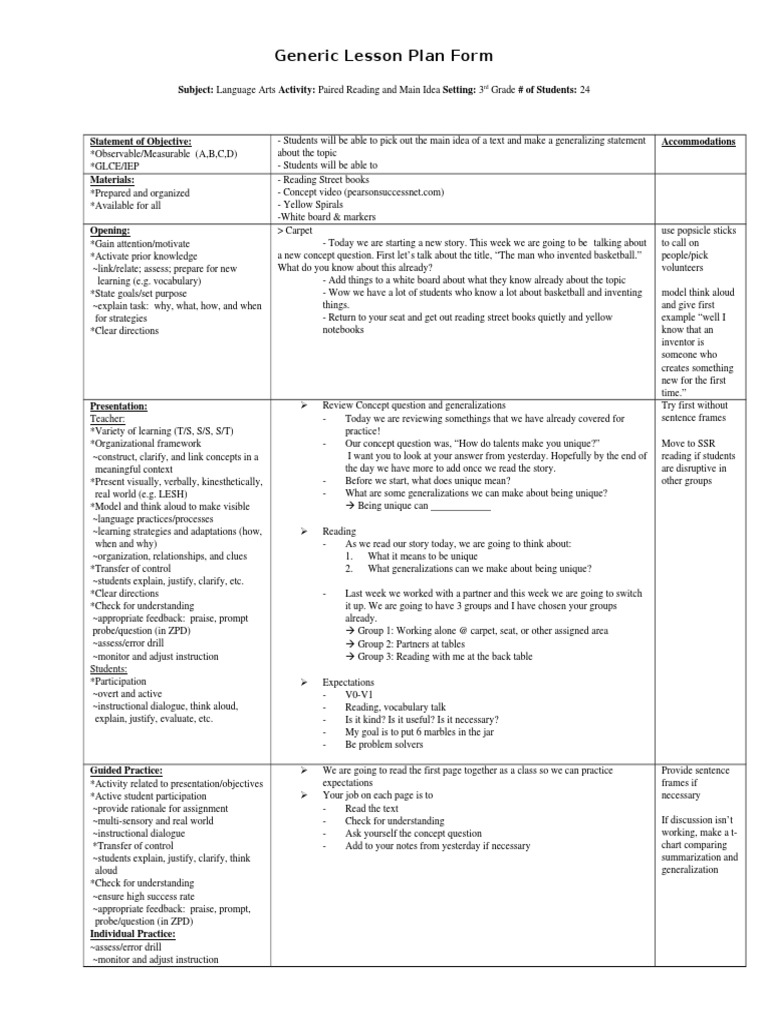 Generic Lesson Plan Form | PDF | Lesson Plan | Pedagogy