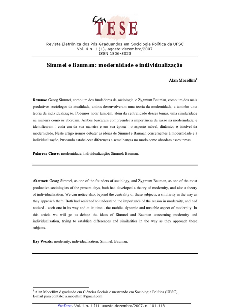 Modernidade Simmel e Bauman | PDF | Individualismo | Modernidade