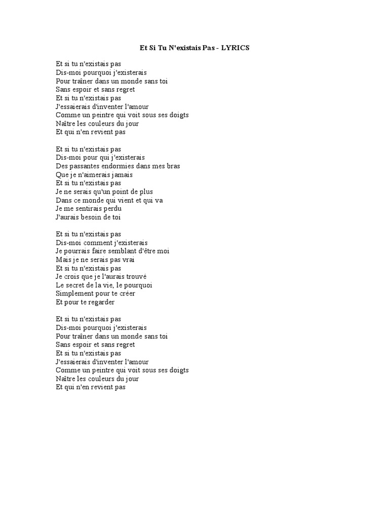 Si Un Jour Tu Crois Que Tu M aimes Paroles Et Si Tu N'Existais Pas - LYRICS | PDF