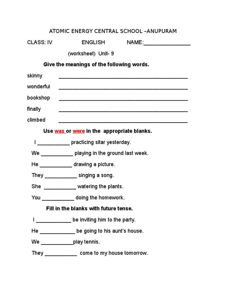 Class 4 Unit 9 Worksheet For Sa2 English PDF