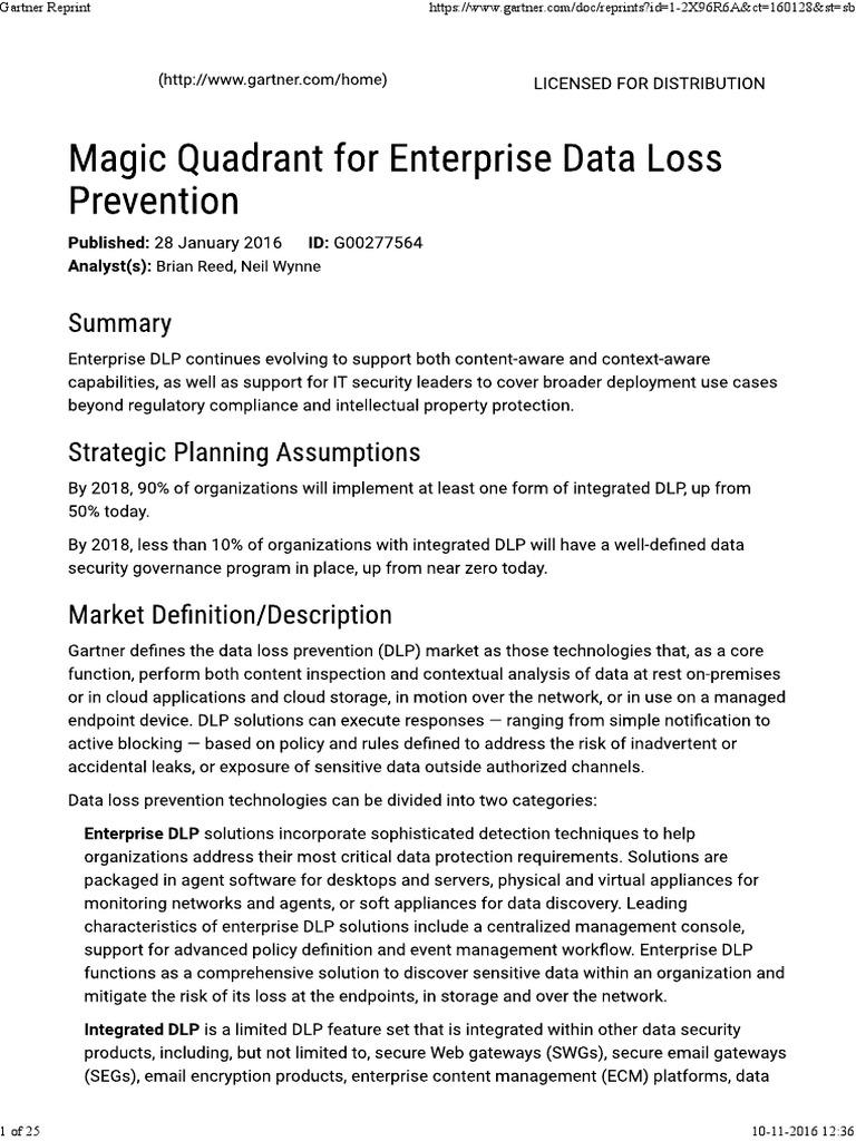 Gartner Magic Quadrant for DLP 2016 | PDF | Business | Information ...
