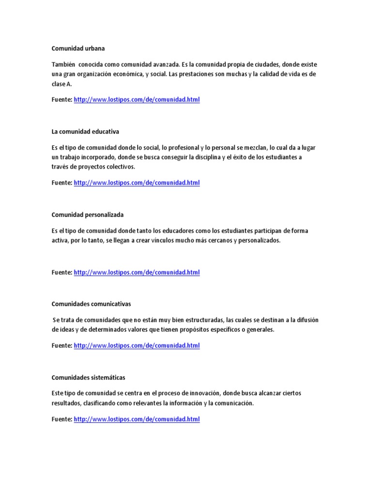 Tipos de comunidades y sus características | PDF | Comunidad | Conocimiento