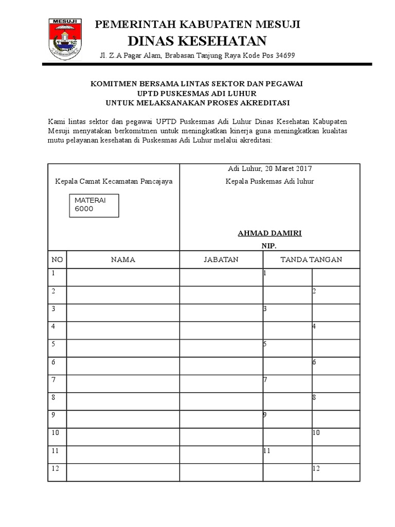 contoh surat KOMITMEN BERSAMA akreditasi puskesmas LINTAS SEKTOR DAN