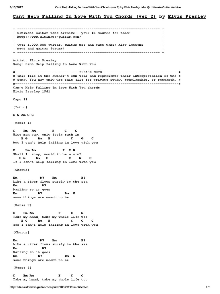 Cant Help Falling In Love With You Chords (ver 2) by Elvis Presley tabs