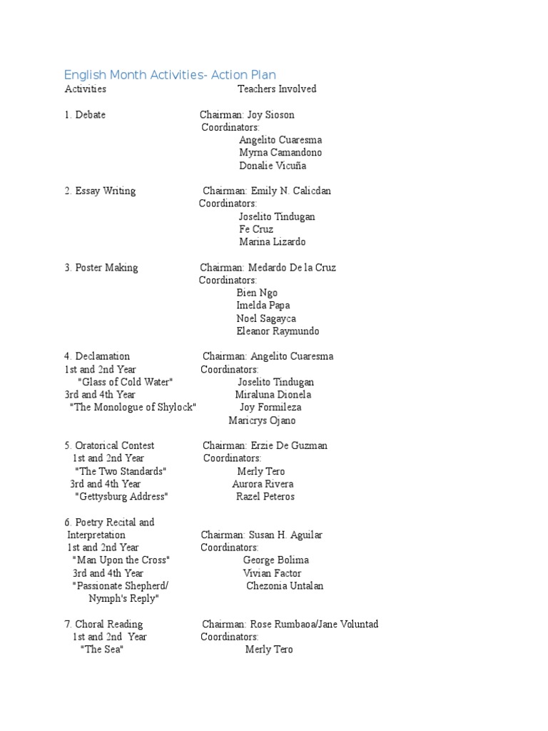 English Month Celebration Plan | PDF | Poetry | English Language