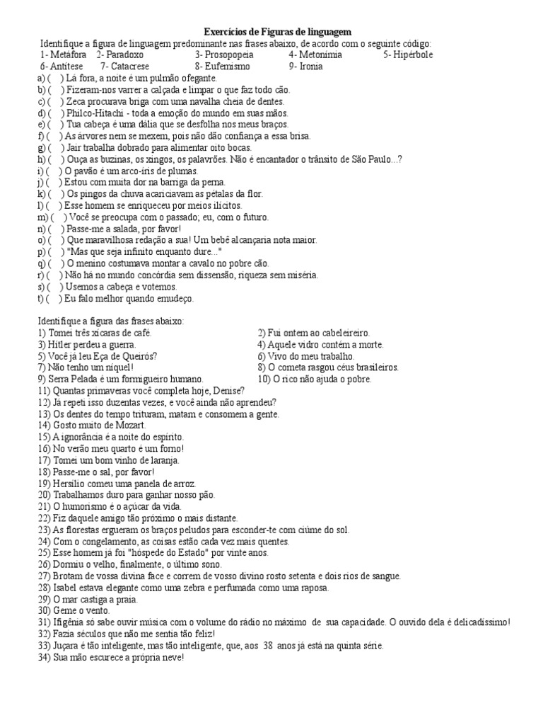 Quiz De Perguntas Sobre Figuras De Linguagem