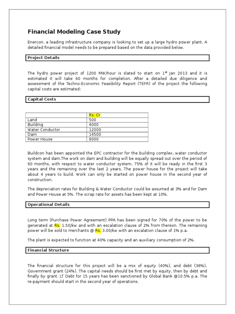 Financial Modeling Case Study (Enercon) Debt Equity (Finance)