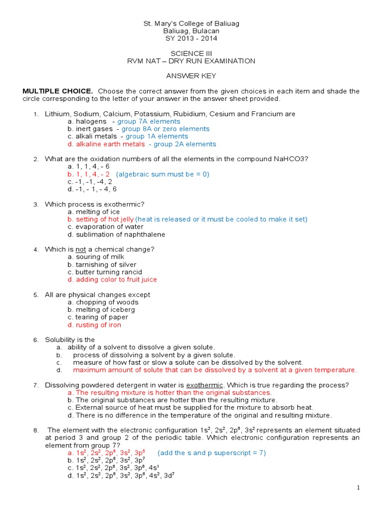 RVM NAT Dry Run Exam Answer Key | PDF | Chemical Compounds | Ionic Bonding