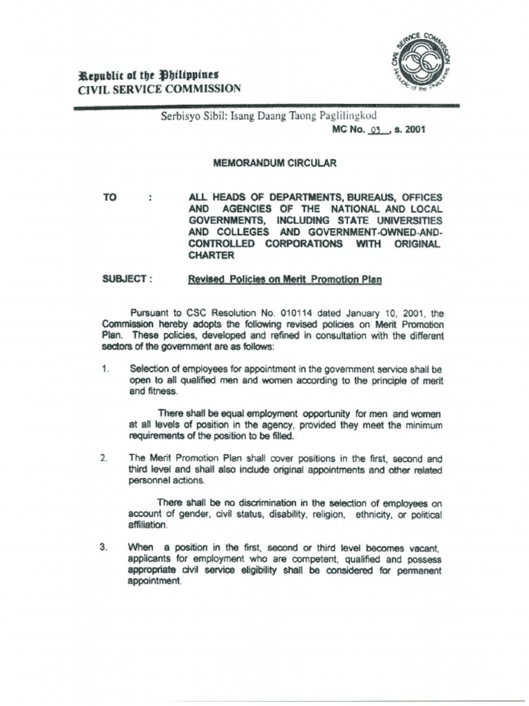 CSC - 2001, MC No. 03, S. 2001 - Revised Policies On Merit Promotion ...