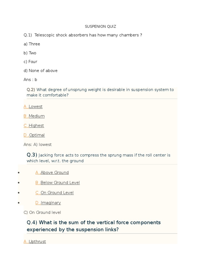 Suspension Quiz PDF Automotive Industry Mechanics