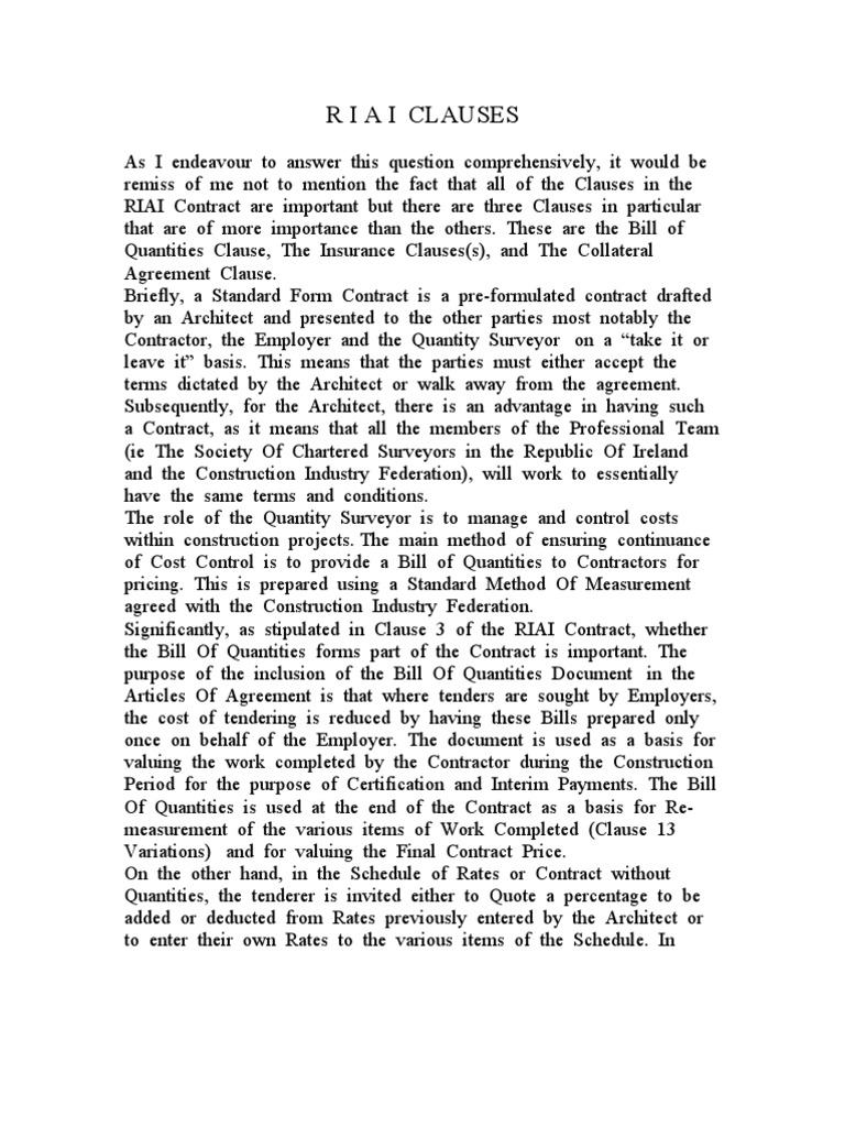 Key RIAI Contract Clauses Explained | PDF | Duty Of Care | Insurance