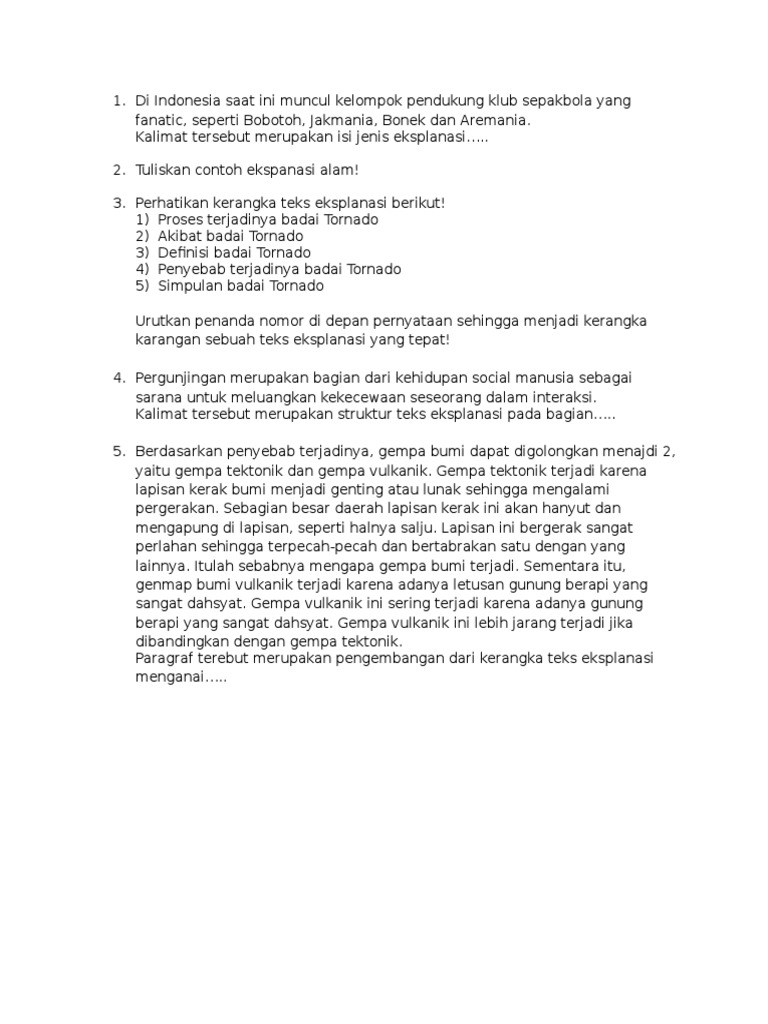 Soal Essay Bahasa Indonesia Kelas 11 Tentang Teks Eksplanasi | PDF