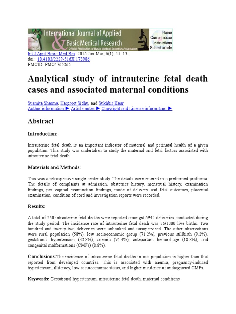 Analytical Study of Intrauterine Fetal Death Cases and Associated ...