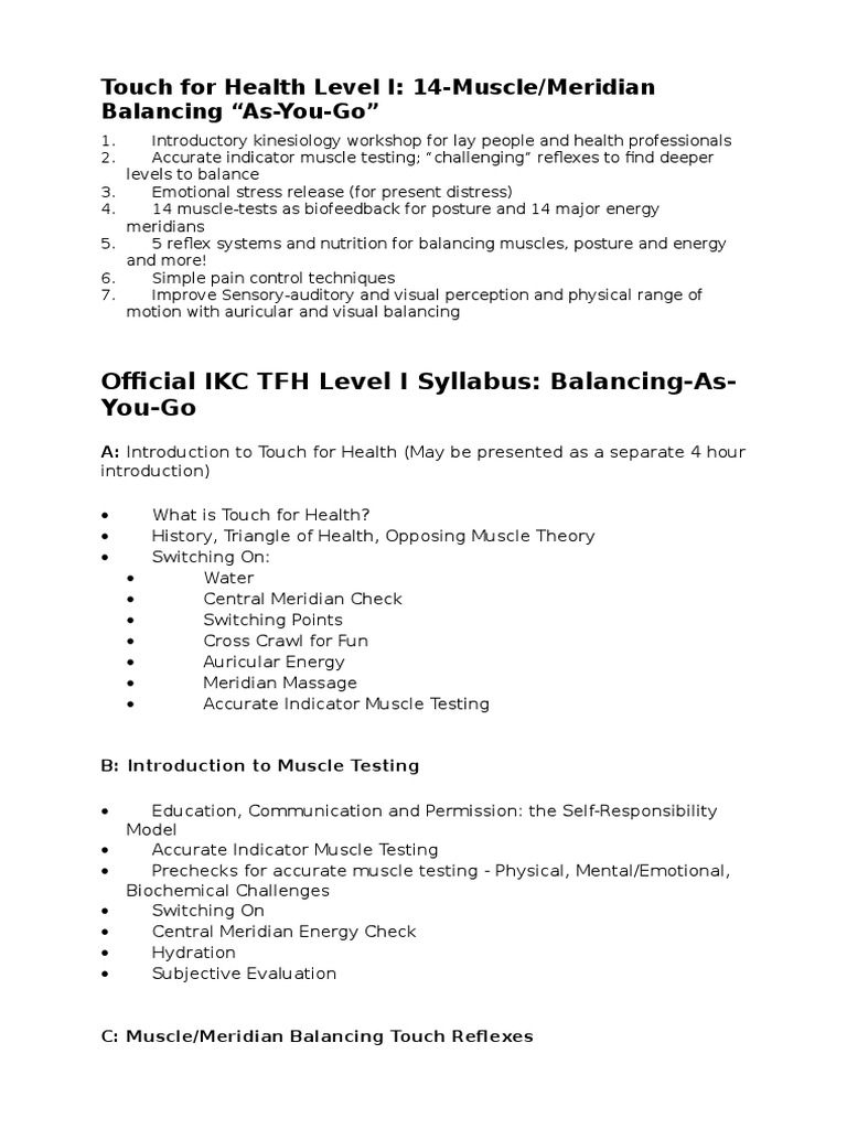 Touch For Health Level I | PDF | Meridian (Chinese Medicine) | Muscle